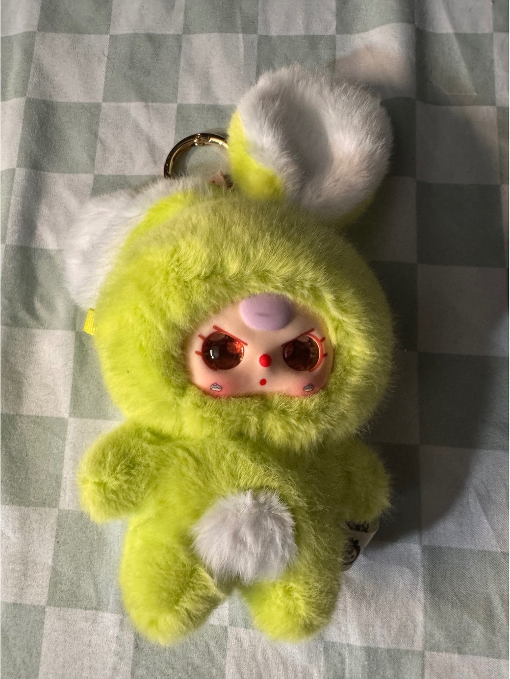 Baby Three Plush Bunny Keychain in Neon Green and White